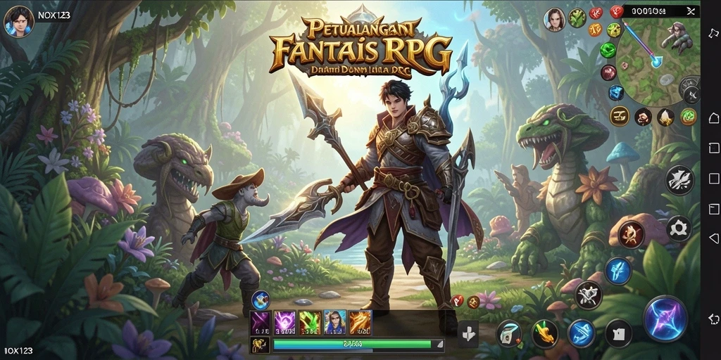 Screenshot gameplay NOX123 menampilkan pertarungan epik dalam dunia RPG.
