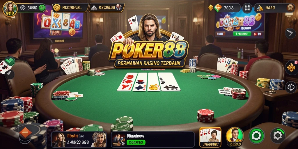 Tampilan gameplay seru POKER88 dengan pemain yang bersemangat.