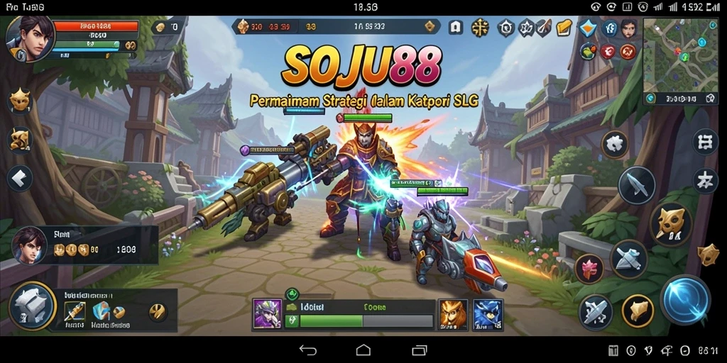 Menampilkan gameplay mendebarkan dalam permainan strategi SLG SOJU88.